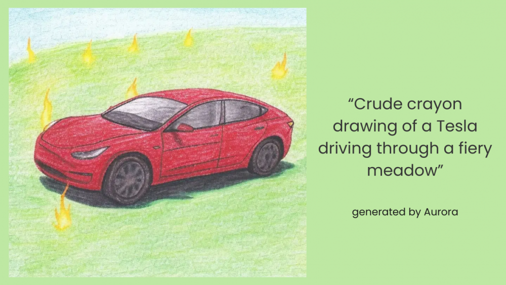 Crude Crayon Drawing Of A Tesla Driving Through A Fiery Meadow